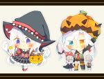  1boy 1girl black_shorts blush chibi ghost ghost_tail hat living_doll_uniform original pumpkin pumpkin_hat red_ribbon ribbon shorts smile socks striped striped_socks white_hair white_socks witch witch_hat yunen_shiro 