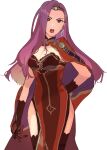  1girl absurdres arm_behind_back breasts circlet diamond_earrings earrings fire_emblem fire_emblem_echoes:_shadows_of_valentia graffiti_uthn highres jewelry long_hair open_mouth purple_hair sonya_(fire_emblem) teeth thigh-highs upper_teeth_only 