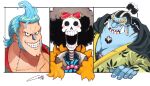  3boys absurdres afro ascot black_hair blue_skin blush brook_(one_piece) colored_skin curly_eyebrows eyewear_on_head facial_hair fins fish_boy franky_(one_piece) goatee grin hand_up highres ippaiotabe_mkw jinbe_(one_piece) large_pectorals laughing long_sideburns looking_at_viewer male_focus mature_male multiple_boys muscular muscular_male one_piece outside_border pectorals pointy_ears short_hair sideburns skeleton smile spiky_hair split_screen stitches sunglasses tusks undead 