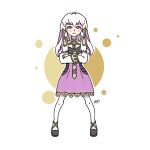  1girl artist_name black_dress blush choker crossed_arms dress fire_emblem fire_emblem:_three_houses gold_trim hair_ornament jj4n3 legs_apart lysithea_von_ordelia purple_choker purple_dress shrug_(clothing) signature simple_background solo standing two-tone_dress violet_eyes white_background white_hair 