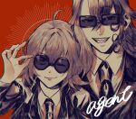  1boy 1girl alternate_costume ashiya_douman_(fate) clenched_teeth commentary_request contemporary english_text fate/grand_order fate_(series) formal fujimaru_ritsuka_(female) long_hair necktie nekko_chaaaaan one_eye_closed short_hair smile suit sunglasses teeth upper_body 