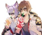  2boys a082 animal_ears brown_hair drinking drinking_straw erune feower_(granblue_fantasy) gran_(granblue_fantasy) granblue_fantasy holding holding_phone jacket light_purple_hair looking_at_viewer multiple_boys open_clothes open_jacket phone selfie short_hair simple_background violet_eyes white_background 