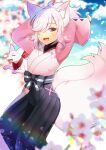  1girl :d animal_ear_fluff animal_ears arms_up black_hakama blue_sky blurry blurry_background blurry_foreground brown_eyes clouds commentary_request commission copyright_request day depth_of_field flower fox_ears fox_girl fox_tail hair_over_one_eye hakama hakama_skirt japanese_clothes kimono kou_hiyoyo long_sleeves looking_at_viewer multiple_tails pink_hair pink_kimono ponytail skeb_commission skirt sky smile solo tail two_tails virtual_youtuber white_flower wide_sleeves 