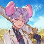  1boy absurdres animal_ears black_shirt clouds commentary day english_commentary extra_ears fang gauntlets gold_trim grey_hair hand_up highres holding holding_sword holding_weapon jacket long_sleeves looking_at_viewer male_focus mouse_boy mouse_ears open_clothes open_jacket open_mouth orange_sekaii original outdoors over_shoulder parted_bangs pink_eyes shirt short_hair skin_fang sky smile solo sword weapon weapon_over_shoulder white_jacket 