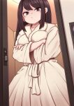  1girl bathrobe black_eyes black_hair breasts crossed_arms doorway highres lemon_snail long_hair looking_at_viewer original solo 