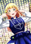  1girl absurdres blonde_hair blue_hairband blue_skirt blunt_bangs commentary_request earrings epaulettes green_eyes hairband hands_up heanna_sumire highres index_fingers_raised jewelry long_hair long_sleeves looking_at_viewer love_live! love_live!_superstar!! midriff_peek navel open_mouth signature skirt smile solo surv1v3-13005993 teeth upper_body upper_teeth_only 