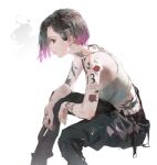  1girl arm_tattoo black_hair cigarette cyberpunk cyberpunk_(series) cyberpunk_2077 dino_(dinoartforame) eyeliner from_side highres holding holding_cigarette judy_alvarez makeup multicolored_hair neck_tattoo pants purple_hair short_hair sitting smoking solo tank_top tattoo two-tone_hair undercut white_background 