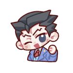  1boy ;d ace_attorney bai62988 black_hair blue_eyes blue_jacket collared_shirt hand_up jacket lapel_pin lapels long_sleeves looking_at_viewer necktie one_eye_closed open_mouth phoenix_wright red_necktie shirt short_hair simple_background smile solo spiky_hair transparent_background white_shirt 