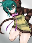  1girl adeshi_(adeshi0693119) fang geta green_eyes green_hair grey_background highres hood hoodie kemono_friends looking_at_viewer pink_ribbon red_eyes ribbon short_hair simple_background slit_pupils snake_print snake_tail solo sweat tail tsuchinoko_(kemono_friends) 