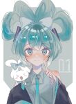  &gt;_&lt; 1girl 63k9a bare_shoulders black_sleeves blue_eyes blue_hair blue_necktie bow cinnamiku cinnamoroll collared_shirt commentary detached_sleeves grey_shirt hair_bow hand_up hatsune_miku highres index_finger_raised looking_at_viewer necktie pointing sanrio shirt sleeveless smile twintails upper_body vocaloid 