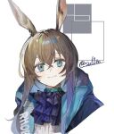  1girl amiya_(arknights) animal_ears arknights ascot black_jacket blue_ascot blue_eyes brown_hair clothes_writing crossed_bangs hair_between_eyes highres jacket looking_at_viewer open_clothes open_jacket portrait rabbit_ears rabbit_girl shirt sidelocks simple_background smile solo tsukikaze_aki twitter_username white_background white_shirt 