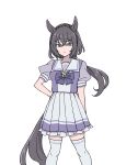  1girl animal_ears black_hair bow bowtie braid cowboy_shot crown_braid frilled_skirt frills green_eyes hair_between_eyes highres horse_ears horse_girl horseshoe_ornament kin&#039;iro_ryotei_(umamusume) long_hair looking_at_viewer low_ponytail pleated_skirt puffy_short_sleeves puffy_sleeves purple_bow purple_bowtie purple_serafuku purple_shirt sailor_collar sailor_shirt school_uniform serafuku shirt short_sleeves simple_background skirt solo thigh-highs tracen_school_uniform umamusume white_background white_skirt white_thighhighs yumayuma_(yumayumaaaan) 