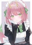  1girl apron black_dress bow bowtie dress green_bow green_bowtie green_eyes gusao hand_on_own_cheek hand_on_own_face highres juliet_sleeves long_sleeves maid maid_headdress pink_hair puffy_sleeves short_hair solo white_apron white_headdress yellow_horns yomogi_mogu youtube 