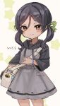  1girl artist_name bag black_hair blush brown_eyes closed_mouth cowboy_shot dress grey_dress hair_ornament hairclip inagi_(kancolle) kantai_collection long_hair long_sleeves shoulder_bag signature smile solo twintails wss_(nicoseiga19993411) 