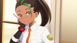 1girl blush breast_pocket brown_eyes closed_mouth collared_shirt commentary eyelashes fingerless_gloves freckles gazing_eye gloves green_hair hand_up head_rest highres indoors logo looking_at_viewer multicolored_hair necktie nemona_(pokemon) orange_necktie pocket pokemon pokemon_(game) pokemon_sv ponytail school_uniform shirt solo streaked_hair sweat two-tone_hair upper_body white_shirt window 