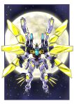  after_war_gundam_x beam_cannon energy_cannon full_body full_moon green_eyes gundam gundam_double_x highres looking_at_viewer mecha mobile_suit moon no_humans redesign robot satellite_cannon science_fiction solo space star_(sky) taiga_hiroyuki v-fin 