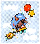  balloon birthday blue_hair blue_socks chibi closed_eyes closed_mouth clouds cloudy_sky cotton_sprout hat open_mouth original party_hat shirt skirt sky socks striped striped_shirt tiger whiskers yellow_skirt 
