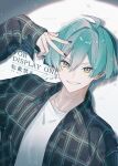  1boy ahoge aqua_hair flannel green_eyes grey_background harusameppoi highres idolish7 isumi_haruka jewelry long_sleeves looking_at_viewer male_focus multicolored_background necklace shirt short_hair smile solo teeth twitter_username watermark white_background white_shirt 