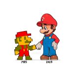  1985 2023 2boys artist_name blue_overalls brown_footwear brown_hair collared_shirt dual_persona english_commentary fist_bump gloves hair_behind_ear hat highres male_focus mario multiple_boys overalls pixelated red_headwear red_shirt shirt shoes smile super_mario_bros. super_mario_bros._1 the_super_mario_bros._movie white_background white_gloves zeoarts 