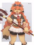  1girl :d animal_nose axe bike_shorts black_shorts blush border cowboy_shot dwarf_(totomono) furry furry_female goggles goggles_on_head grey_background hair_between_eyes highres holding holding_axe ken_to_mahou_to_gakuen_mono looking_at_viewer orange_hair short_sleeves shorts simple_background skirt smile solo standing tail thick_eyebrows twintails white_border yonaga_san 