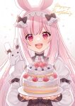  1girl :d animal_ears black_bow bow breasts cake commentary_request confetti food fruit gradient_background grey_background happy_birthday hitsuki_rei holding holding_plate indie_virtual_youtuber layered_sleeves long_hair long_sleeves looking_at_viewer medium_breasts nica_wolper pink_hair plate puffy_long_sleeves puffy_short_sleeves puffy_sleeves rabbit_ears red_eyes shirt short_over_long_sleeves short_sleeves sidelocks smile solo strawberry teeth upper_body upper_teeth_only very_long_hair virtual_youtuber white_background white_shirt 