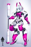  1girl absurdres animal_ears armor blue_eyes colored_skin commentary_request digitigrade full_body highres hispol_(04-uma-alpha) holding holding_staff joints looking_at_viewer mecha_musume original rabbit_ears rabbit_girl robot_girl robot_joints short_hair solo staff standing white_hair white_skin 