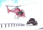  absurdres aircraft audi audi_rs6 ballpoint_pen_(medium) car clouds english_commentary flying guard_rail helicopter highres license_plate motor_vehicle no_humans original pavlo_scherbatyuk sky snow traditional_media vehicle_focus 