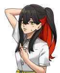  1girl black_hair carmine_(pokemon) colored_inner_hair crossed_bangs echizen_(n_fns17) hair_between_eyes hair_tie hairband high_ponytail long_hair looking_at_viewer mole mole_under_eye multicolored_hair pokemon pokemon_(game) pokemon_sv ponytail redhead shirt short_sleeves solo sweat two-tone_hair yellow_eyes yellow_hairband 