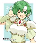  1girl arm_up armor earrings fee_(fire_emblem) fire_emblem green_eyes green_hair headband hoop_earrings jewelry looking_at_viewer open_mouth short_hair solo upper_body yukia_(firstaid0) 