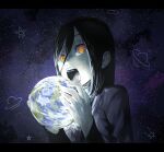  1girl black_hair chainsaw_man commentary earth_(planet) eating eliasdessin glowing hair_between_eyes highres holding_planet nayuta_(chainsaw_man) open_mouth planet ringed_eyes shooting_star solo space star_(sky) teeth ufo yellow_eyes 