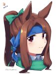  1girl alternate_costume alternate_hairstyle animal_ears balladeluce bandana blue_headband bow brown_hair closed_mouth commentary_request green_bandana green_bow headband highres horse_ears horse_girl king_halo_(umamusume) long_hair looking_at_viewer ponytail portrait red_eyes simple_background smile solo twitter_username umamusume white_background 