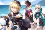  1girl 2boys androgynous animal_ears beach beret black_gloves black_headwear blonde_hair blue_eyes bow brother_and_sister cat_ears cat_girl cat_tail closed_mouth freckles freminet_(genshin_impact) genshin_impact gloves hair_over_one_eye hat highres long_hair long_sleeves lynette_(genshin_impact) lyney_(genshin_impact) multiple_boys ocean open_mouth pantyhose shin_(mac_no) shirt short_hair siblings star_(symbol) tail teardrop_facial_mark top_hat violet_eyes 