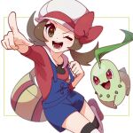  1girl ;d bag blue_overalls bow brown_eyes brown_hair cabbie_hat chikorita hat hat_bow highres leg_up looking_at_viewer lyra_(pokemon) omochi_(omotimotittona3) one_eye_closed open_mouth overalls pokemon pokemon_(creature) pokemon_(game) pokemon_hgss red_bow red_shirt shirt shoulder_bag smile solo teeth thigh-highs twintails white_headwear yellow_bag 