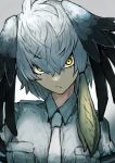  1girl absurdres adeshi_(adeshi0693119) bird_girl bird_wings blonde_hair closed_mouth feathered_wings grey_background grey_hair head_wings highres kemono_friends long_hair looking_at_viewer multicolored_hair necktie shirt shoebill_(kemono_friends) simple_background solo two-tone_hair upper_body wings yellow_eyes 