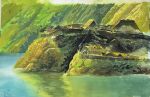  building highres hill hkwryyy_pepe mountain no_humans original painting_(medium) river riverbank scenery traditional_media village water wooden_wall 