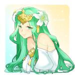  1girl bare_shoulders dress fire_emblem fire_emblem:_three_houses flower green_eyes green_hair hair_flower hair_ornament looking_at_viewer rhea_(fire_emblem) solo upper_body white_dress yukia_(firstaid0) 