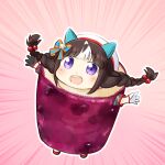  1girl animal_ears blush bow braid brown_hair chibi ear_covers food hair_bobbles hair_ornament hinata_yuu hokko_tarumae_(umamusume) horse_ears horse_girl long_braid looking_at_viewer multicolored_hair open_mouth outstretched_arms pastry solo spread_arms striped striped_bow teeth twin_braids two-tone_bow two-tone_hair umamusume violet_eyes white_hair 