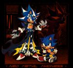  2boys 9474s0ul alternate_universe animal_ears animal_nose boots closed_mouth commentary english_commentary english_text fang fingerless_gloves frown full_body furry furry_male gloves head_rest highres indian_style looking_at_viewer male_focus metal_sonic multiple_boys neo_metal_sonic red_eyes red_footwear sitting smile sonic_(series) spiked_footwear standing 