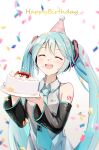  1girl :d ^_^ black_sleeves blue_hair blue_necktie cake closed_eyes collarbone collared_shirt cream cream_on_face dated detached_sleeves food food_on_face grey_shirt hair_between_eyes hair_ornament happy_birthday hatsune_miku headphones highres holding holding_plate iluka_(ffv7) long_hair long_sleeves necktie plate shirt sleeveless sleeveless_shirt smile solo twintails upper_body very_long_hair vocaloid wing_collar 