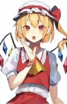  1girl :o ascot blonde_hair blush bow bun_(bun_5u) collar commentary crystal_wings fang flandre_scarlet frilled_shirt_collar frills hair_between_eyes hand_up hat hat_bow highres looking_at_viewer mob_cap one_side_up open_mouth puffy_short_sleeves puffy_sleeves red_bow red_eyes red_skirt red_vest shirt shirt_tucked_in short_hair short_sleeves simple_background skin_fang skirt solo touhou upper_body vest white_background white_collar white_headwear white_shirt yellow_ascot 