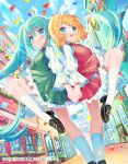  2girls :d aqua_hair black_footwear blonde_hair blue_eyes blue_sky brick_wall building closed_mouth clouds cloudy_sky commentary_request day door frilled_skirt frills green_skirt green_vest hair_between_eyes hair_ornament hair_ribbon hairband hairclip hatsune_miku ikari_(aor3507) kagamine_rin loafers long_hair long_sleeves multiple_girls outdoors pennant plaid plaid_skirt plaid_vest pleated_skirt puffy_long_sleeves puffy_sleeves red_skirt red_vest ribbon shirt shoes skirt sky smile socks standing standing_on_one_leg string_of_flags swept_bangs twintails very_long_hair vest vocaloid white_hairband white_ribbon white_shirt white_socks window 