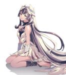  1girl bare_shoulders black_choker black_hair choker dress feather_hair_ornament feathers fire_emblem fire_emblem_engage grey_hair hair_ornament highres long_hair looking_at_viewer multicolored_hair petite sad solo two-tone_hair umi_(_oneinchswing) very_long_hair veyle_(fire_emblem) violet_eyes wavy_hair 