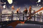  2boys 5girls alternate_costume aoma_(xuanzexuexi) black_hair blonde_hair bridge fireworks full_body genshin_impact green_hair highres lumine_(genshin_impact) multicolored_hair multiple_boys multiple_girls ningguang_(genshin_impact) outdoors paimon_(genshin_impact) qiqi_(genshin_impact) red_scarf scarf short_hair smile streaked_hair white_hair xiao_(genshin_impact) yaoyao_(genshin_impact) zhongli_(genshin_impact) 