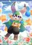  :d animal_ear_fluff animal_ears arm_up black_hair black_pants blue_eyes blue_sky blurry blurry_background boots brown_footwear cape clouds cloudy_sky commentary_request commission day depth_of_field flower furry green_cape hair_between_eyes hat kou_hiyoyo long_sleeves looking_at_viewer original outdoors pants puffy_pants red_flower shirt skeb_commission sky smile star_(symbol) striped striped_shirt 