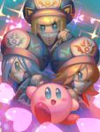 1other 3girls artist_name bellhenge black_headwear black_robe blonde_hair blue_background blue_eyes blue_hair blunt_ends blush_stickers covered_mouth disembodied_limb facial_mark flamberge_(kirby) francisca_(kirby) hat heart kirby kirby_(series) long_hair looking_at_viewer multiple_girls open_mouth pink_skirt red_footwear redhead robe scarf shoes siblings sisters skirt smile sparkle sparkling_eyes star_(symbol) star_in_eye symbol_in_eye v-shaped_eyes white_scarf zan_partizanne