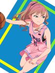  1girl absurdres ball basketball basketball_(object) basketball_jersey basketball_uniform black_sports_bra brown_hair daidaiyaoyao green_eyes gridman_universe gridman_universe_(film) highres jersey long_hair minami_yume playing_sports ponytail scar scar_on_leg solo sports_bra sportswear 