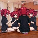  1girl ahoge alternate_costume black_shirt blush bubbacterial card drill_hair from_behind from_side highres holding holding_card indoors kasane_teto kneeling looking_at_mirror mirror multiple_views no_pants pursed_lips red_eyes redhead shirt socks thighs twin_drills twintails uno_(game) utau 