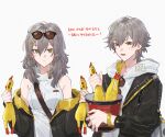  1boy 1girl armpit_crease black_jacket breasts caelus_(honkai:_star_rail) caelus_(world_tour_2023)_(honkai:_star_rail) closed_mouth commentary_request english_text engrish_text eyewear_on_head hair_between_eyes hair_ornament holding honkai:_star_rail honkai_(series) jacket looking_at_viewer lower_teeth_only medium_breasts medium_hair open_mouth ranguage rowya short_hair signature simple_background sleeveless stelle_(honkai:_star_rail) stelle_(world_tour_2023)_(honkai:_star_rail) teeth trailblazer_(honkai:_star_rail) translation_request upper_body white_background x_hair_ornament yellow_eyes 