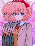 0tz026 1girl afterimage blazer blue_eyes blush bow breasts collared_shirt distortion doki_doki_literature_club glitch hair_bow happy_tears highres jacket long_sleeves looking_at_viewer neck_ribbon pink_background pink_hair red_bow red_hair_bow red_ribbon ribbon sayori_(doki_doki_literature_club) shirt short_hair small_breasts smiling solo tearing_up upper_body white_shirt