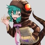  1girl adeshi_(adeshi0693119) fang green_eyes green_hair grey_background highres hood hoodie japari_coin kemono_friends looking_at_viewer open_mouth pink_ribbon red_eyes ribbon short_hair simple_background snake_print snake_tail solo tail tongue tsuchinoko_(kemono_friends) upper_body 